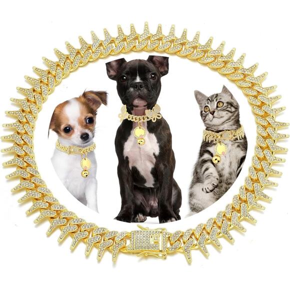 Gold Dog Chain Collar, Cool Spiked Style Necklace Bling Diamond Cuban Link 14in - Picture 2 of 4